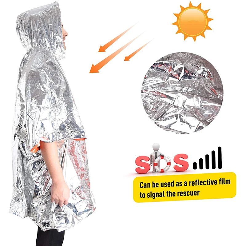 Emergency Survival Rain Hot Poncho Thermal Survival Space Blanket Thermal Raincoat Heat Reflective Waterproof for Camping Hiking Peaceful Pleasures Health and Wellness