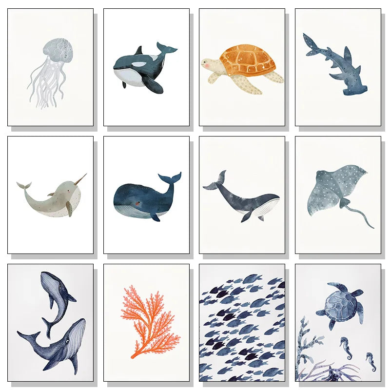 Ocean Animal Shark Turtle Dolphin Whale Fish Poster Watercolor Canvas Painting Print for Wall Living Room Nursery Home Decor Peaceful Pleasures Health and Wellness