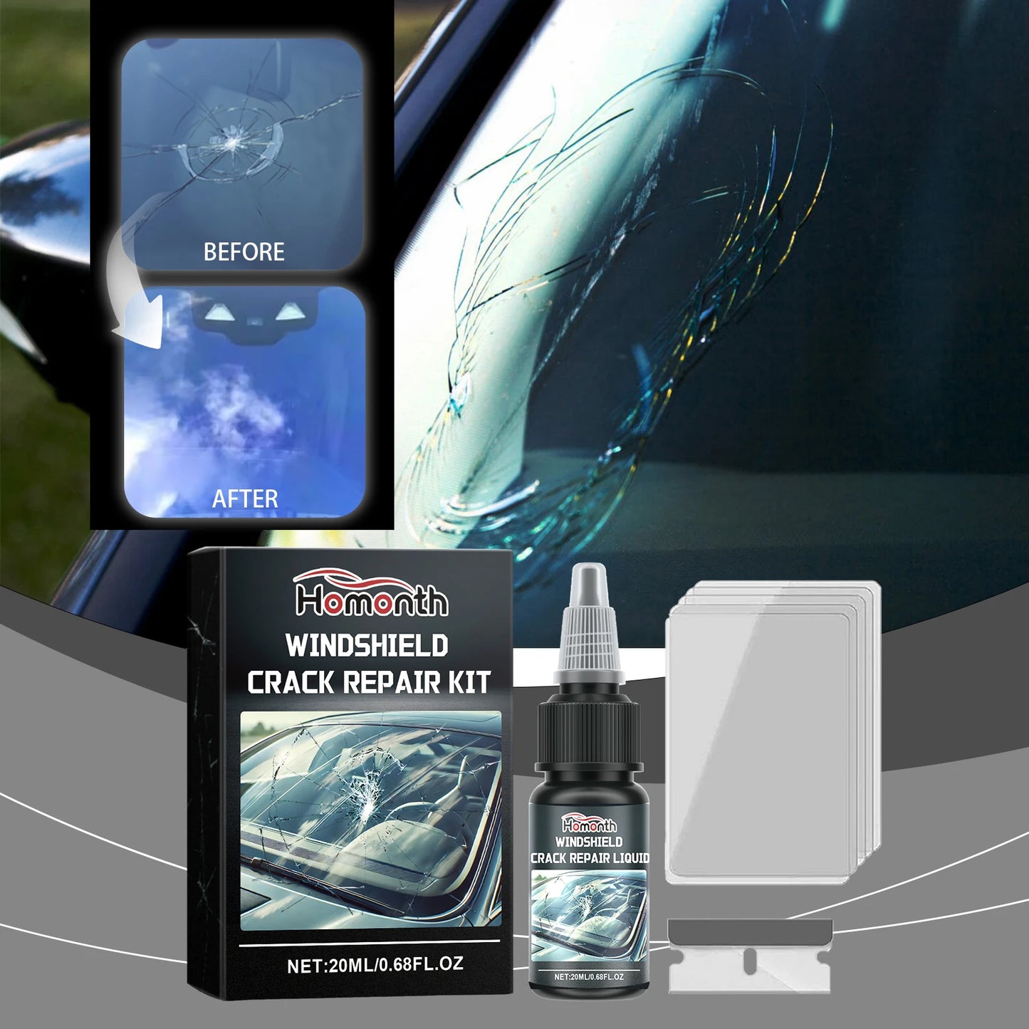 Windshield Glass Crack Repair Kit | Clear Adhesive 20ml
