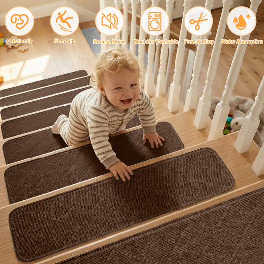 4Pcs Stair Treads for Wooden Steps 20x76CM Washable Non Slip Carpet Stair Treads Soft Peel Stick Stair Runner Rugs for Kids Pet Peaceful Pleasures Health and Wellness Brown 8Pcs 20x76CM
