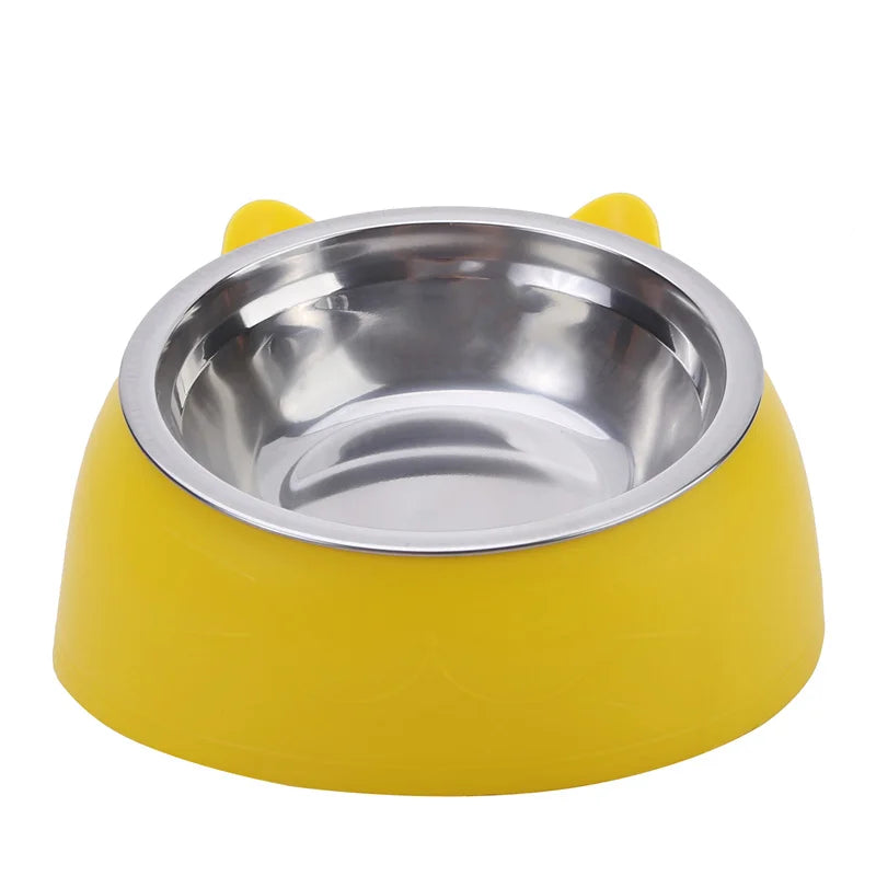 Cat Dog Bowl 15 Degrees Tilted Stainless Steel Cat Bowl Safeguard Neck Puppy Cats Feeder Non-slip Crashworthiness Pet Bowl Peaceful Pleasures Health and Wellness Yellow S