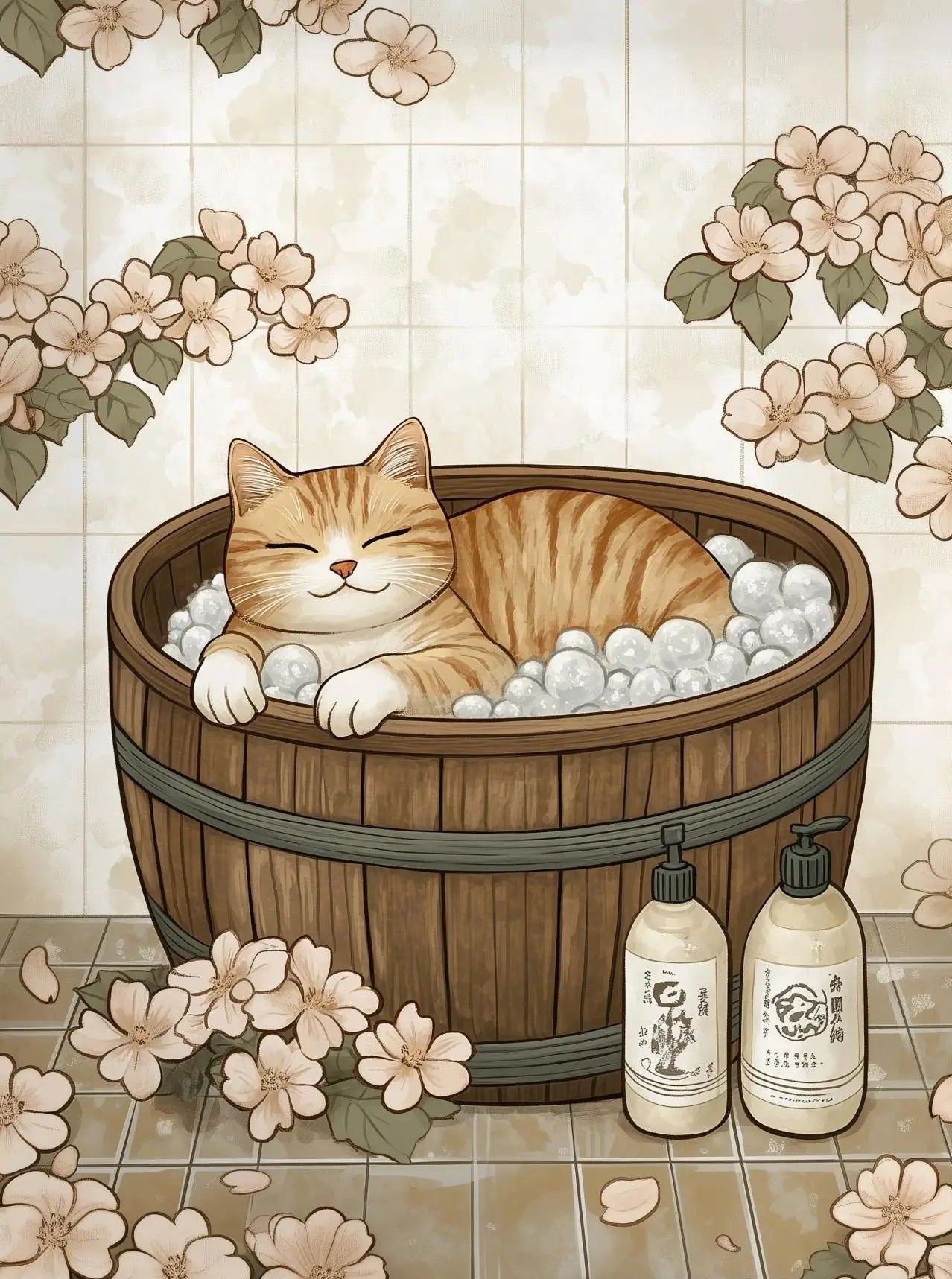 Japanese Cherry Blossom Cat Hot Spring Canvas Wall Art Print Canvas Wall Art Print Peaceful Pleasures Health and Wellness 3 30x40cm Unframed