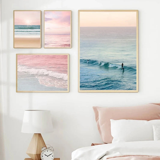 Blush Pink Beach Sunset Photography Posters and Prints Pastel Clouds Ocean Canvas Painting Wall Art Picture Bedroom Home Deco Peaceful Pleasures Health and Wellness