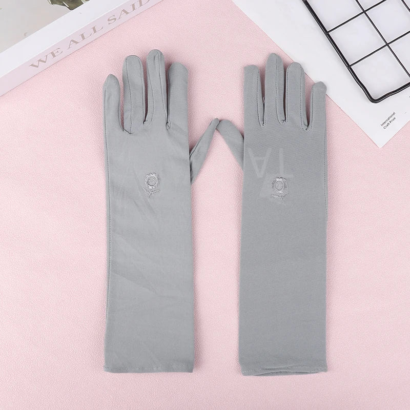 31cm Medium Long Embroidered Gloves Women Sunscreen Driving Gloves Stretch Anti-UV Breathable Glove Spring Summer Thin Gloves Peaceful Pleasures Health and Wellness Gray