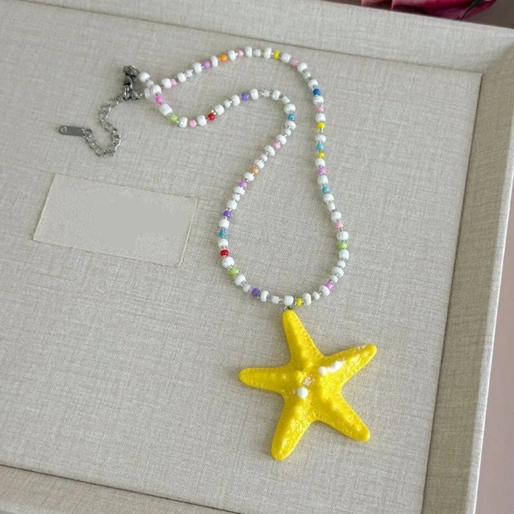 Bohemian Starfish Beaded Necklace | Colorful Beach Jewelry Pendant Necklace Peaceful Pleasures Health and Wellness Yellow
