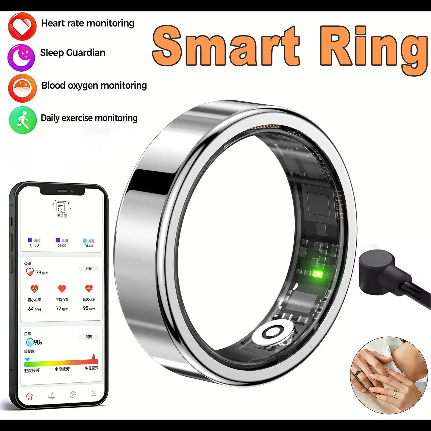 R09 Smart Ring Men Women with Charging Case,Heart Rate Blood Oxygen,Skin Temperature Monitor,5ATM Waterproof For Android iOS Peaceful Pleasures Health and Wellness Silver 9
