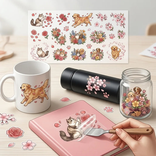 Cute Cat & Dog Floral UV Transfer Rub-On Stickers | DIY Decals Rub-On Craft Stickers Peaceful Pleasures Health and Wellness