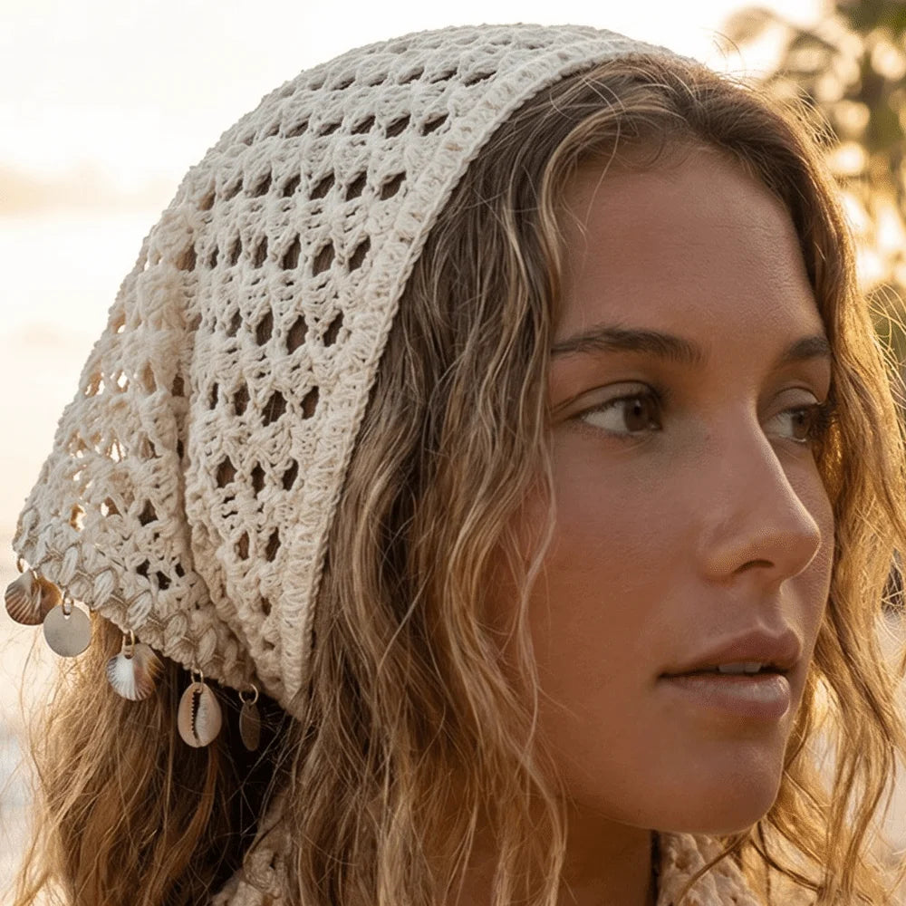 Seashell Tassel Crochet Triangle Headscarf | Boho Head Wrap Crochet Head Wrap Peaceful Pleasures Health and Wellness