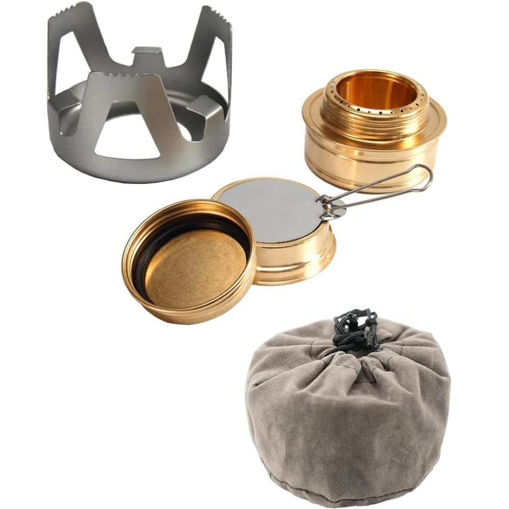Ultralight Spirit Alcohol Furnace Mini Outdoor Camping Cookware Kit Brass Stove Burner with Detachable Pot Support Stand ﻿ Peaceful Pleasures Health and Wellness