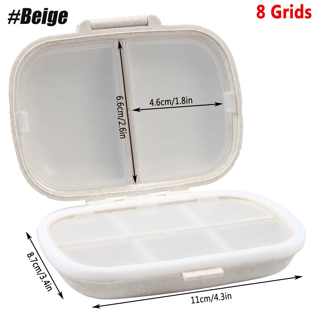 1Pcs Pill Case Portable Small Weekly Travel Pill Organizer Portable Pocket Pill Box Dispenser for Purse Vitamin Fish Oil Pillbox Peaceful Pleasures Health and Wellness 8 Grids-Beige