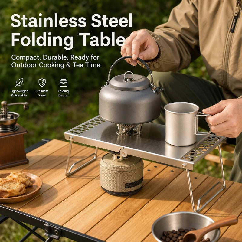 Outdoor Portable Mini Tea Table Stainless Steel Splicing Folding Barbecue Table Multifunctional Camping Grill Tea Dual Use Table Peaceful Pleasures Health and Wellness