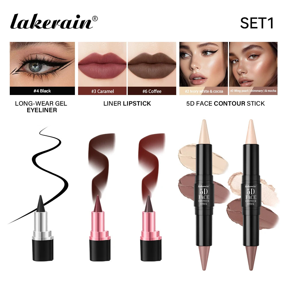 5D Perfect Makeup Set With Contouring Stick Eyeliner And Lipstick Easy Coloring Sweat-proof Long Lasting Daily Makeup Set Peaceful Pleasures Health and Wellness