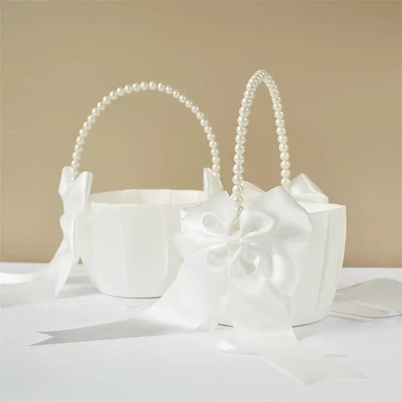 Wedding Flower Basket White Satin Pearl Bowknot Wedding Scattering Flower Basket Foldable Flower Women Pearl Handle Baskets Peaceful Pleasures Health and Wellness