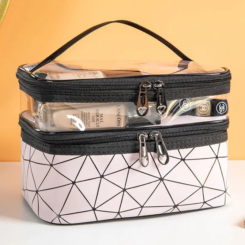 Double-layer Portable Large Capacity Makeup Bag Handheld Travel Waterproof Toiletry Bag Portable Cosmetics Storage Pouch Peaceful Pleasures Health and Wellness Pink