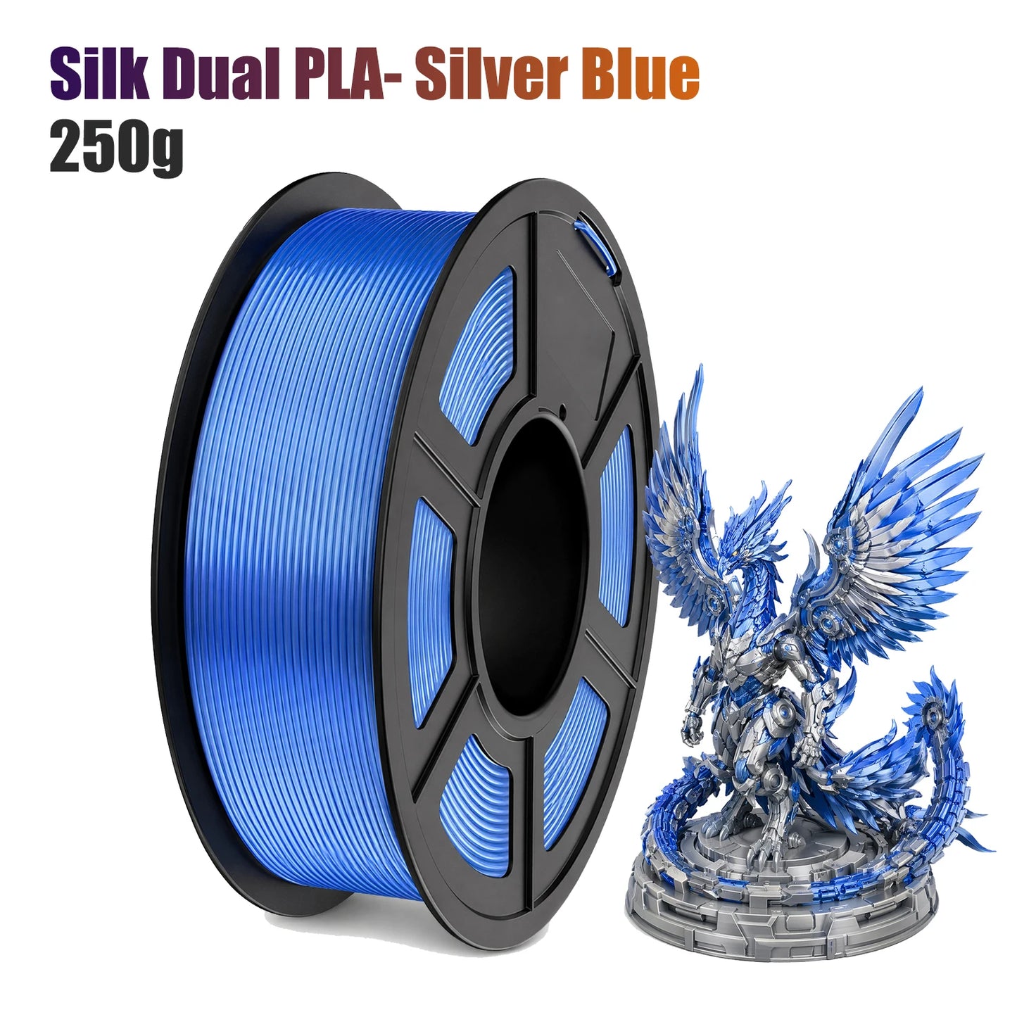 Dual Color Silk PLA Filament 1.75mm Silver Blue 250g | FDM