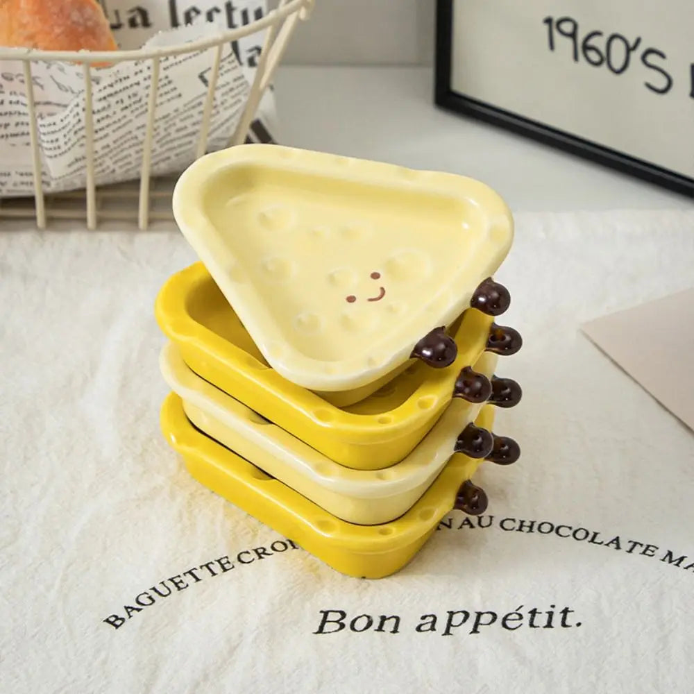 Cute Cheese Shape Ceramic Ornament Creative Hand Painted Underglaze Small Dish Exquisite Household Desktop Decoration Accessory Peaceful Pleasures Health and Wellness