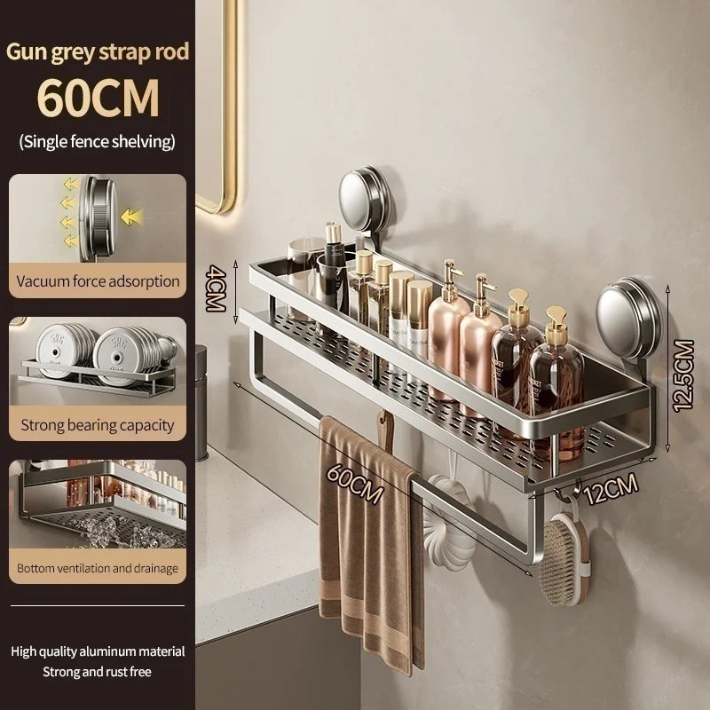 No-Drill Aluminum Suction Cup Bathroom Shelf Wall Organizer