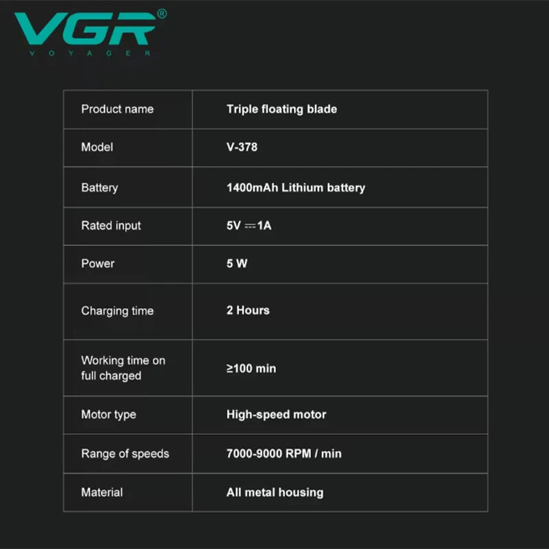 VGR high-end men's shaver alloy reciprocating three blade shaver LED intelligent digital display 9000 speed hair trimmer V-378 Peaceful Pleasures Health and Wellness