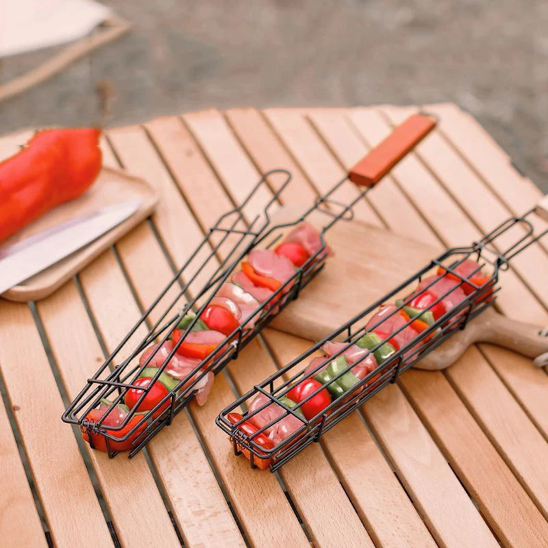 Portable BBQ Grilling Basket Stainless Steel Nonstick Barbecue Grill Basket Wooden Handle Grill Mesh Meat Picnic Roasting Tool Peaceful Pleasures Health and Wellness