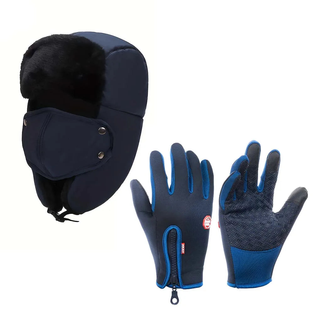 1 Set Men's Winter Pilot Hat with Windproof Mask, Warm Thick Plush Bomber Hat Unisex Peaceful Pleasures Health and Wellness Navy Blue Set S