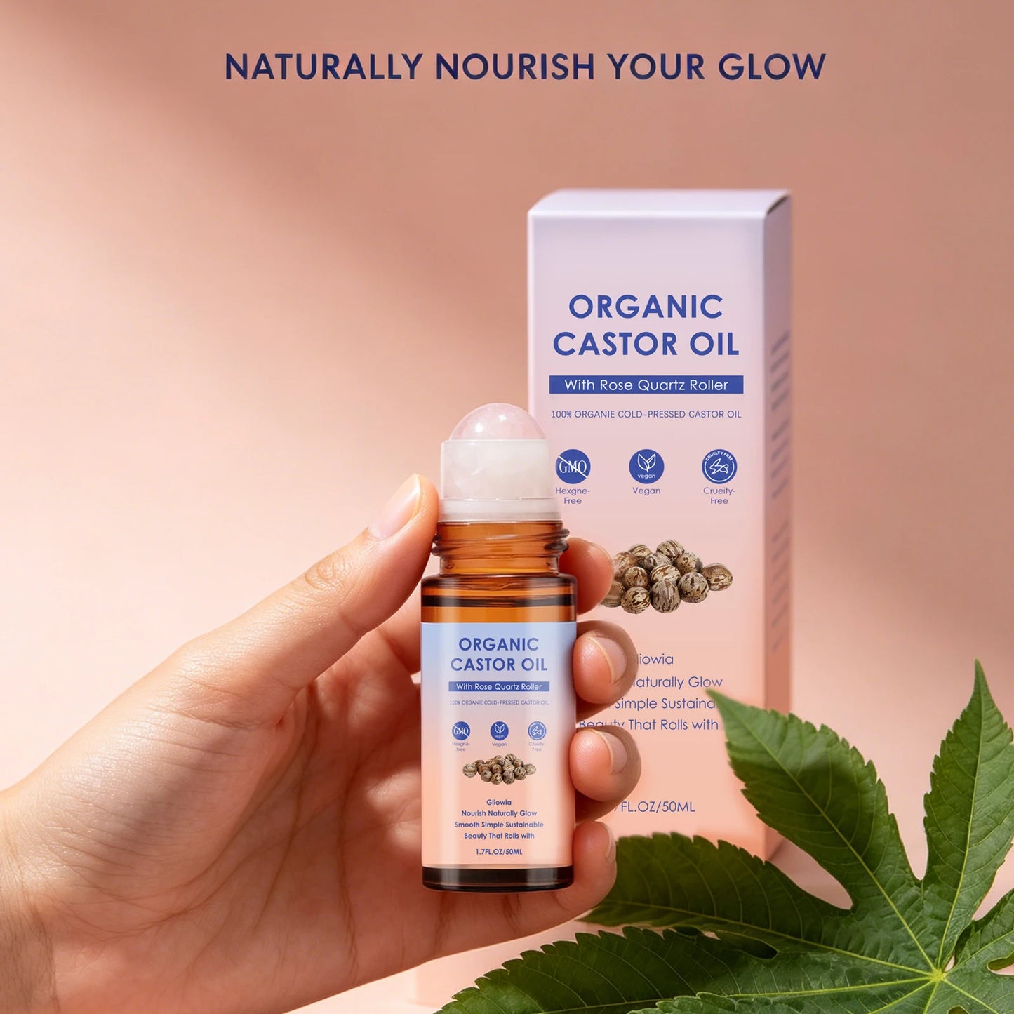 Organic Castor Oil Rose Quartz Roller Ball Moisturizing Skin Barrier Deep Repair Soothing Skin Cold-Pressed Natural Castor Oil Peaceful Pleasures Health and Wellness