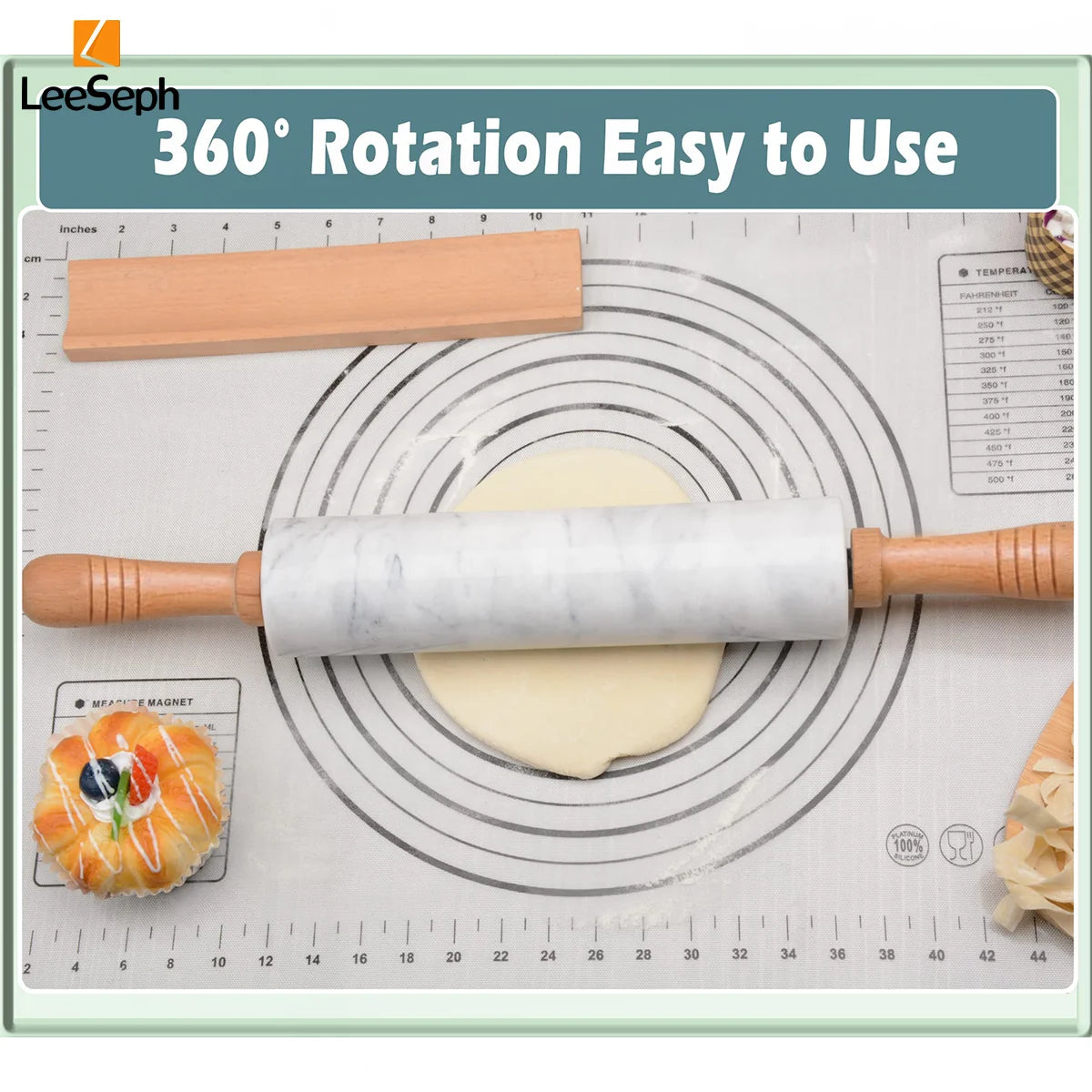 Leeseph Premium Marble Rolling Pin with Wooden Handles and Base, Easy to Clean, Perfect for Professional and Home Kitchens Peaceful Pleasures Health and Wellness