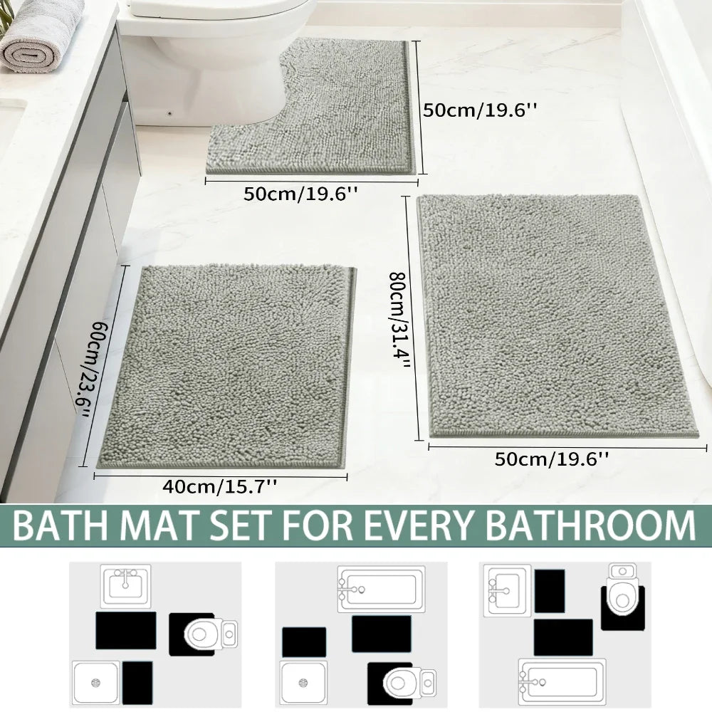Set of 3 Bathroom Rugs 1.5/3CM Thick Chenille Bath Mat Striped Pattern Shaggy Bath Rugs for Bath Room Non Skid Floor Mats Peaceful Pleasures Health and Wellness