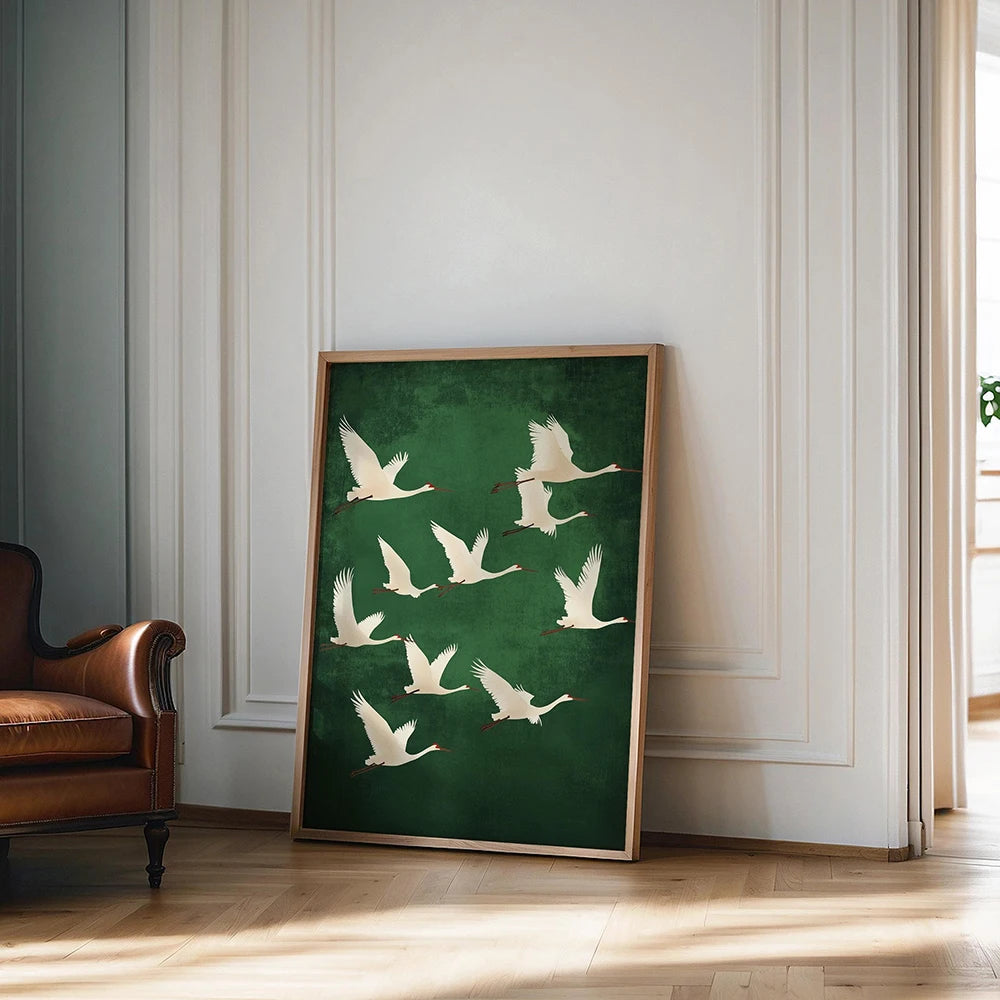 Sage Green Gold Japandi Art Print Flying Birds Wall Art Abstract Sun Art Living Room Decor Japanese Wall Art Bedroom Decor Gift Peaceful Pleasures Health and Wellness