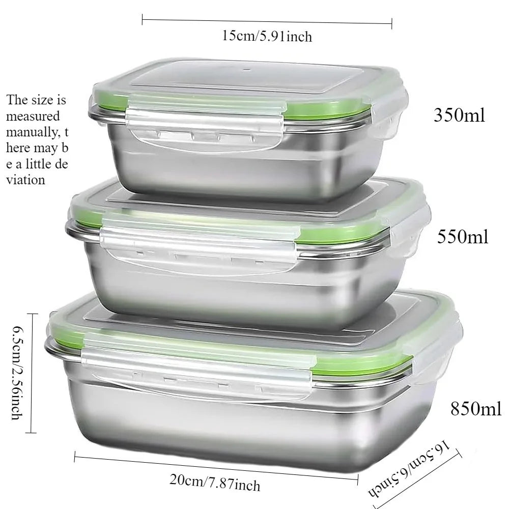3-Piece Stainless Steel Food Containers Set 400/750/1200ml