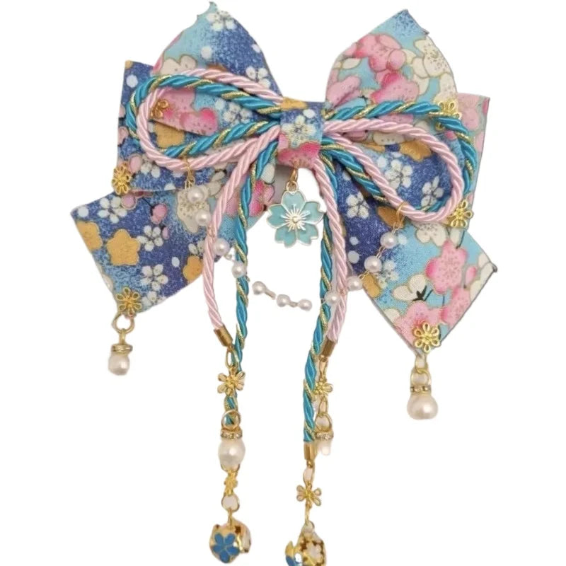Japanese Style Girl with Hot Stamping Cherry Blossom Bow Hair Accessory Lolita Tassel Edge Clip Peaceful Pleasures Health and Wellness