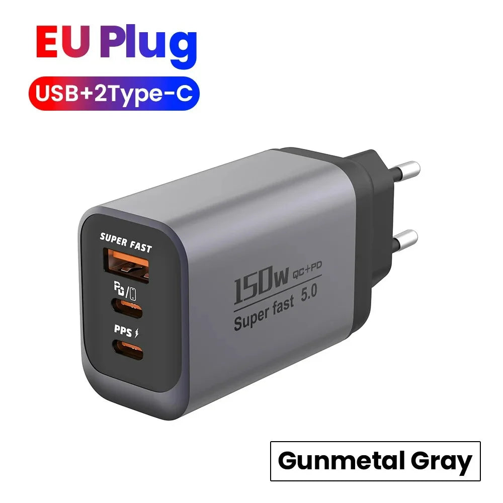 150W Fast Charger 3-Port USB-C PD3.0 QC3.0 Wall Adapter