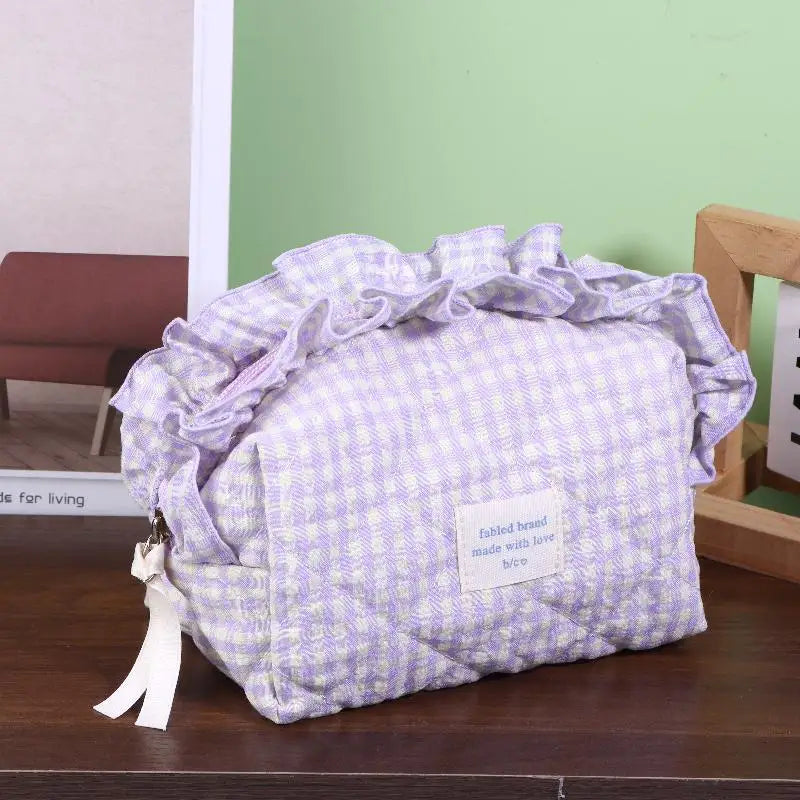 Women's Vintage Gingham Cosmetic Makeup Bag With Ruffled Edges-Large Capacity Organizer For Daily Travel Peaceful Pleasures Health and Wellness 04