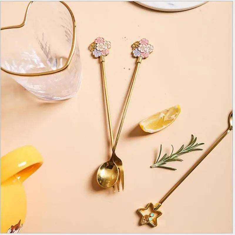 Cherry Blossom Spoon Fork Stainless Steel Coffee Kitchen Star Long