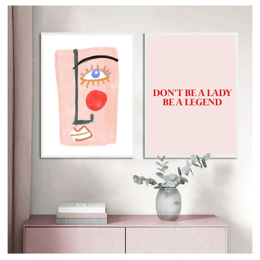 Pink Lucky You Nordic Abstract Line Face Canvas Wall Art