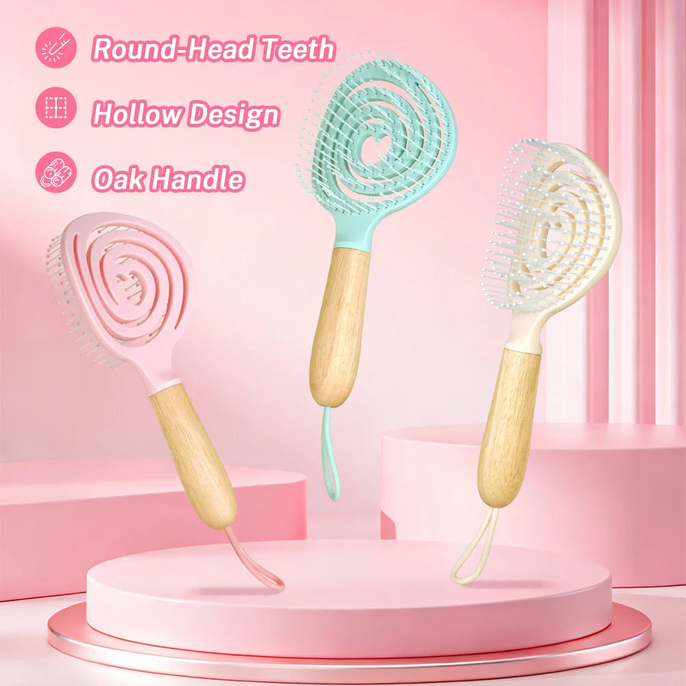 Pastel Spiral Vent Hair Comb – Oak Wood Handle | 3 Colors