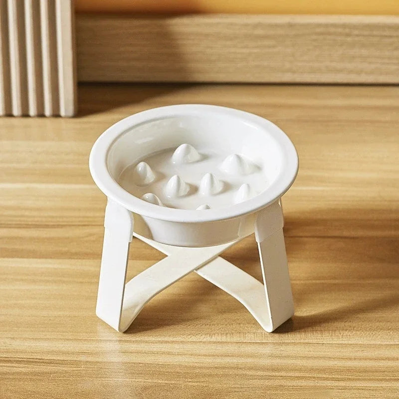 Ceramic Slow Feeder Cat Bowl with Elevated Iron Stand Elevated Cat Bowl Peaceful Pleasures Health and Wellness