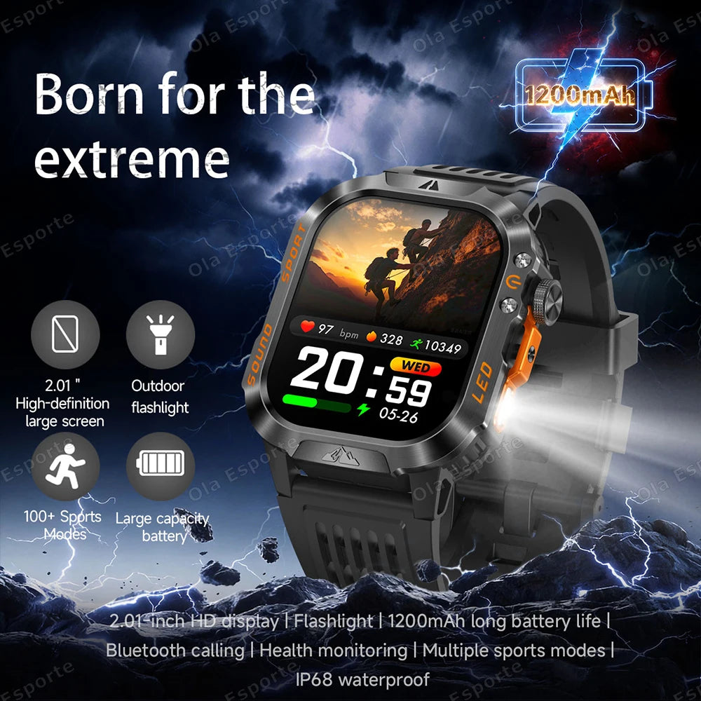 Military Smart Watch Men | 1200mAh, Flashlight, IP68 Bluetooth