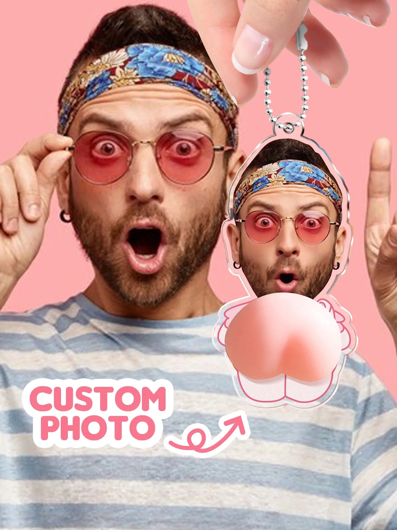 Custom Face Keychain with Soft Squishy Butt Personalized Funny Photo Key Ring Unique Gift for Friends Peaceful Pleasures Health and Wellness