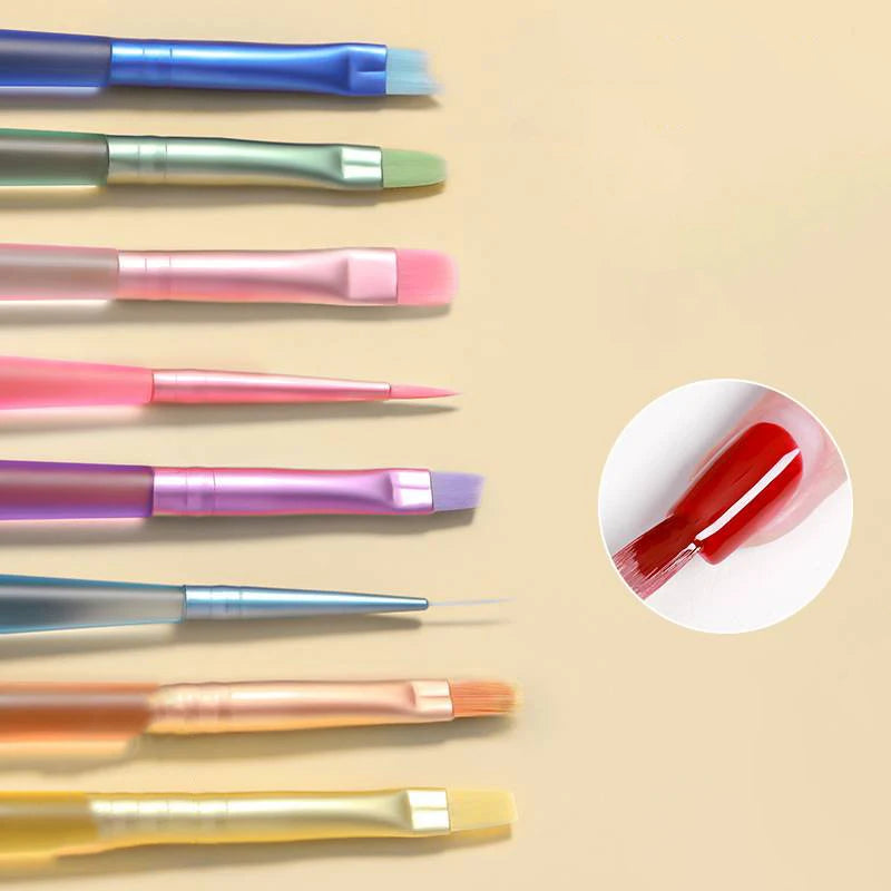 8pcs/Set Dopamine Nail Art Brush Design Tip Painting Carving Dotting Pen Flatfan Liner Acrylic Gel Uv Polish Manicure Tools Peaceful Pleasures Health and Wellness