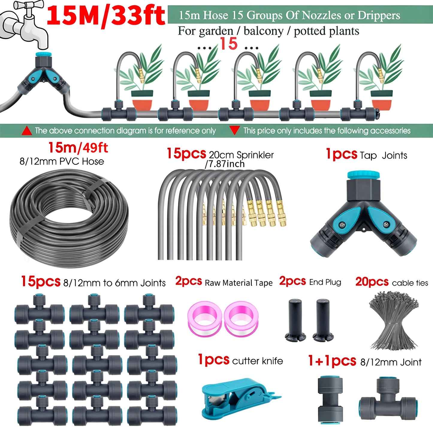 Flexible Brass Adjustable Spray Kit Gray 3/8"PE Hose Quick Connect Fogging Cooling Dedusting Watering System for Garden Peaceful Pleasures Health and Wellness 15m Kit