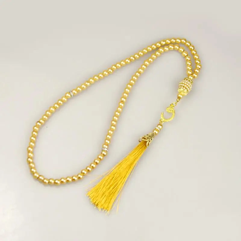Islamic Prayer Beads 99Pcs 6MM Glass Pearls Rosary Necklace with Tassel for Muslim Spiritual Practice and Gifts Peaceful Pleasures Health and Wellness Light Gold