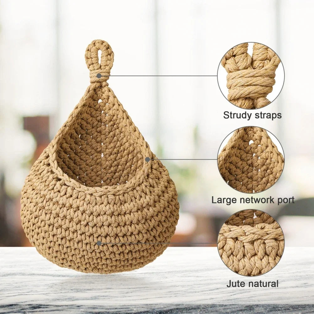 Handwoven Wall Hanging Fruit & Vegetable Basket – Boho Jute Teardrop Storage