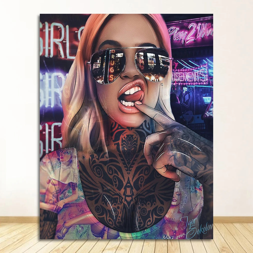 Graffiti Tattoo Woman Canvas Wall Art | Abstract Bad Girl Print