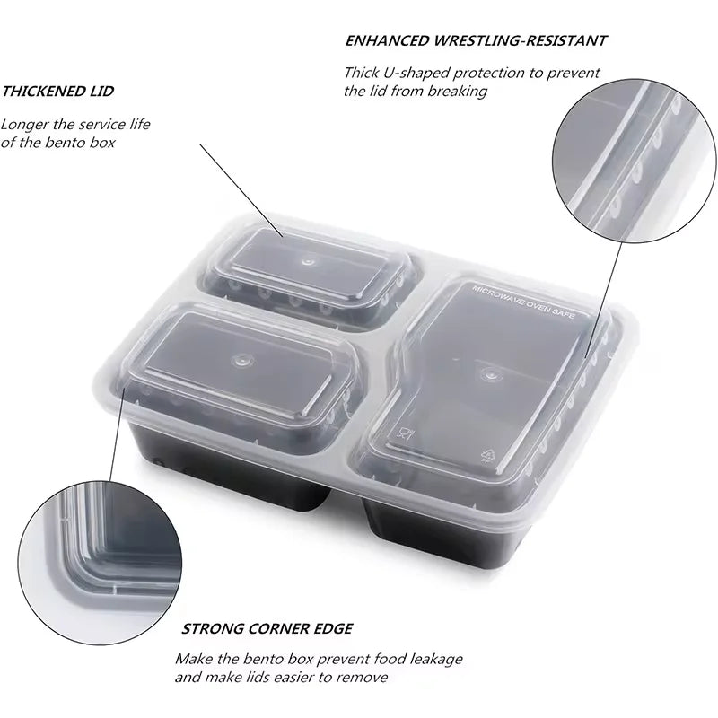 10 Pcs Portable 850ml Fresh-Keeping Box,Plastic 3 Grids Covered Lunch Box,Disposable Takeaway Food Grade Insulated Lunch Box Peaceful Pleasures Health and Wellness