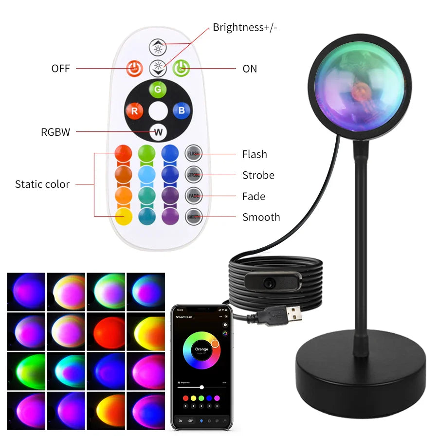 RGB Sunset Projector Night Light – USB LED Lamp with Remote