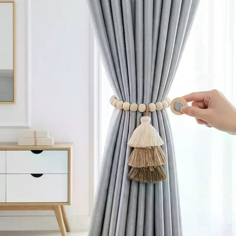 Bohemian Wooden Bead Curtain Tie Backs with Tassel & Magnet – 2Pcs Curtain Tie Backs Peaceful Pleasures Health and Wellness