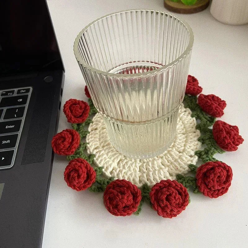 Hand Crochet Rose Flower Coasters | Heat Resistant Wool Mat Set
