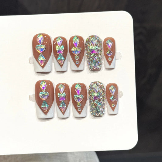 Coffin Press On Nails – Brown Rhinestone French Tips | 10pcs Press-On Nails Peaceful Pleasures Health and Wellness