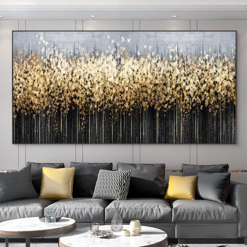 Abstract Leaves Oil Painting Print On Canvas Texture Golden and Silver Trees Wall Art Modern Home Decor Living Room Wall Decor Peaceful Pleasures Health and Wellness