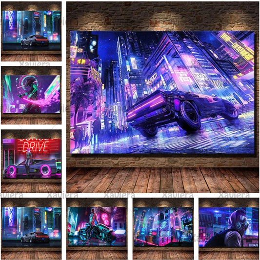 Canvas Art Painting Future Sci-Fi Punk Style Artwork Night City Street Scenery Poster Technology Wall Picture Home Decoration Peaceful Pleasures Health and Wellness